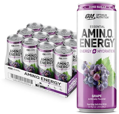 Optimum Nutrition Amino Energy Sparkling Hydration Drink, Electrolytes, Caffeine, Amino Acids, BCAAs, Sugar Free, Grape, 12 Fl Oz, 12 Pack (Packaging May Vary)