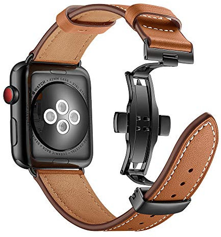 AISPORTS Compatible for Apple Watch Strap 49mm 46mm 45mm 44mm 42mm Leather Sport Wristband Metal Butterfly Clasp Bracelet Replacement Strap for Apple Watch Ultra 2/Ultra/Series 10/9/8/7/6/5/4/3/2/1/SE