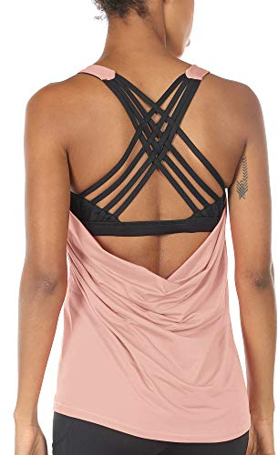 icyzone Damen Sport Tops mit Integriertem BH - 2 in 1 Yoga Gym Shirt Fitness Training Tanktop (L, Pale Blush)