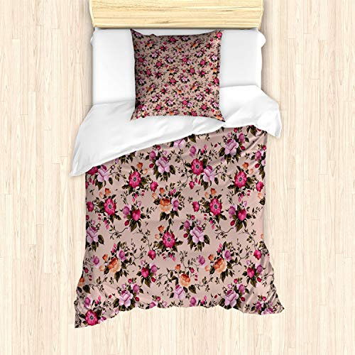 ABAKUHAUS Blume Bettbezug Set für Einzelbetten, Blumenmuster mit Rose, Milbensicher Allergiker geeignet mit Kissenbezug, Tan Rosa Dunkelgrün