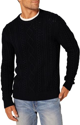 Amazon Essentials Jersey de Manga Larga 100% de Algodón con Trenzado Aran y Cuello Redondo Hombre, Negro, L
