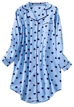 CHUNG Chemise de Nuit à Manches Longues Boutonnée pour Femme - Carreaux en Flanelle de Coton, Cœur Bleu, L