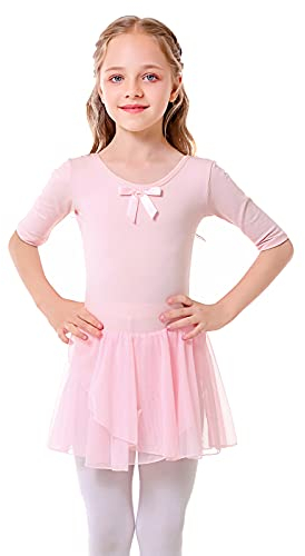 Bezioner Ballettkleidung Mädchen Tanzkleid Kinder Baumwolle Balletttrikot Ballettkleid mit Rock Tütü Rosa 120