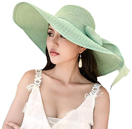 WSLCN Femme Chapeau de Soleil en Paille à Bord Large Capeline Pliable Plage Eté Anti-UV Décoration de Ruban Vert