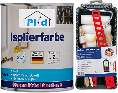 Plid® Isolierfarbe LH Niktoinfarbe Feuchteblocker Nikotinsperre Kellerfarbe Wandfarbe Schutz vor ausblühungen und Feuchtigkeit zementhaltig Weiß 0,75l - Anstreichset
