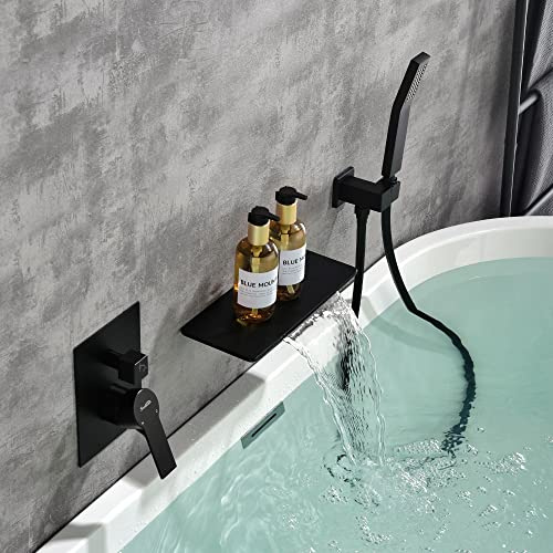 SHAMANDA Waterfall Bathtub Faucet with Sprayer, Wall Mounted Bathtub Filler with Hand Shower, Single Handle Bathtub Faucet with Handheld Shower Head (Coarse Valve Body and Edge Included), Matte Black