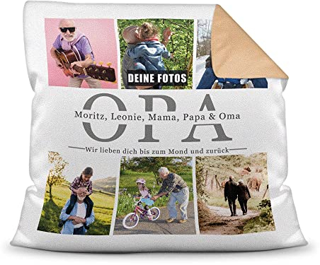 Foto-Kissen selbst gestalten - Opa wir lieben Dich - Collage mit 6 Fotos & Namen - Geschenk für den besten Opa von Enkelkindern - inkl. Füllung, Farbkissen Rückseite Mokka, 40x40 cm