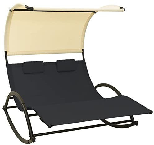 Mogou Doppel-Sonnenliege mit Sonnendach, Gartenliege, Liegestuhl, Sonnenstuhl, Sonneninsel Outdoor, Liegen, Gartenmöbel, Bäderliege, Relaxliege, Textilene Schwarz und Creme