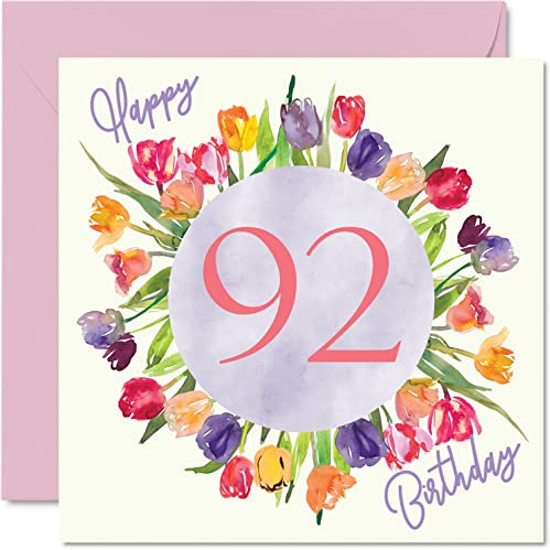 Stuff4 Schöne Geburtstagskarten zum 92. Geburtstag für Frauen – Aquarell-Tulpen, Blumenstrauß – Karte für sie Großmutter, Oma, Gran, Geburtstagsgeschenk, 145 mm x 145 mm, schöne florale Grußkarten