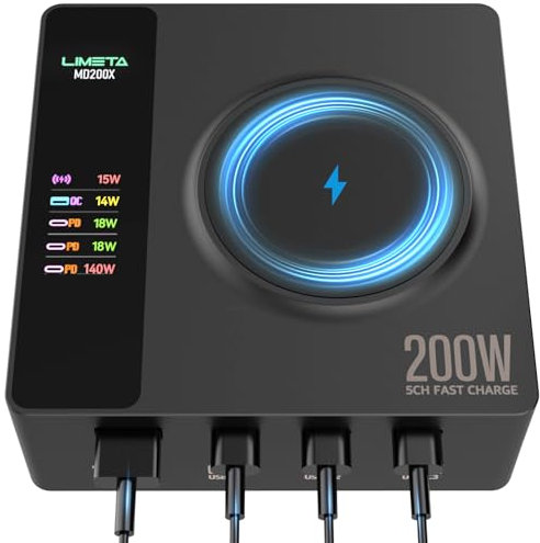 LIMETA 200W USB C Charging Station,5-in-1 Multi Fast Charger,PD3.1 and GaN,Max 140W with One Port Wireless Charging and LCD Display,USB Charging Hub with iPhone/MacBook Air/Laptop and Multiple Devices