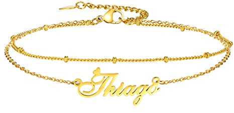 Women Name Anklet 18K gold plated - Personalised Name Bracelet Gift for Her with Gift Box Custom Carved Nameplate Bracelets Stainless Steel Layered Layering Girls Anklet Adjustable Name Bracelet
