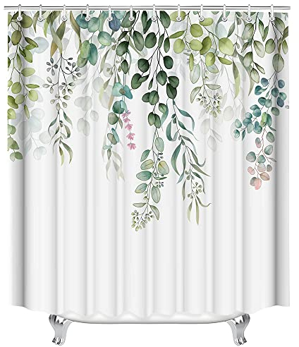 Lerores Rideau de douche 100 x 200 cm, motif feuilles vertes, imperméable, lavable, en tissu polyester, avec œillets et 8 anneaux de rideau de douche, pour salle de bain, baignoire