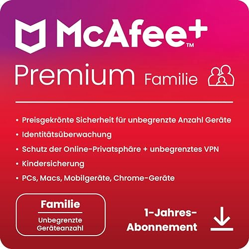 McAfee+Premium Family 2025 (Unbegrenzte Anzahl von Geräten)| 12 Monate|Secure VPN, Cybersicherheitssoftware mit Virenschutz,Kennwort-Manager, Identitätsüberwachung, Kindersicherung|Digitaler download