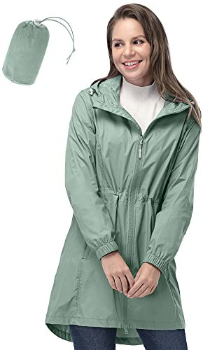 33,000ft Women's Rain Jacket Lightweight Hooded Long Rain Coat Waterproof Jacket Ladies Packable Functional Jacket Windbreaker Breathable Active Outdoor Coats Ice Green M/12