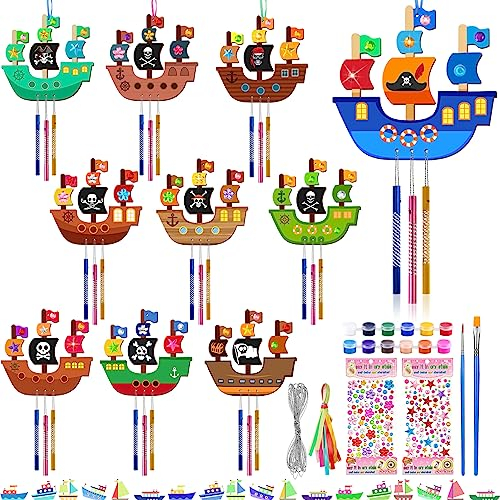Shinybox Piratenschiffe Windspiel Bastelset Kinder, 10 Stück Piratenschiffe Holzbastelsets für Kinder, DIY Bastelset Holz Piratenschiffe Bastelhandwerk für Kinder