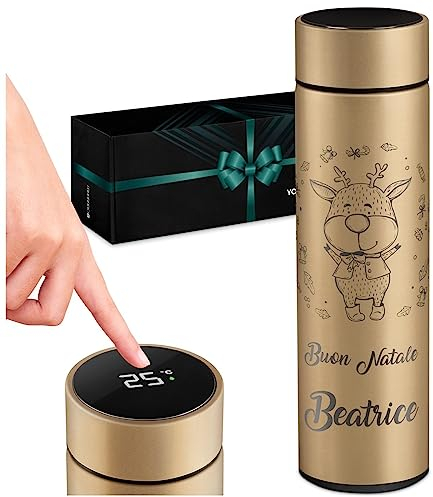 Maverton Tazza termica tè caffè 450 ml - thermos con incisione personalizzata in acciaio inox - coperchio ermetico one-touch - borraccia termica display led - per donna - gold - Natale
