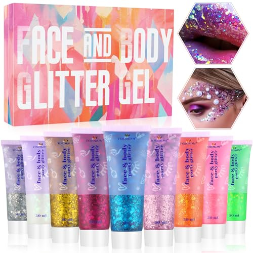 EBANKU 9 teiliges Glitzer Gel für den Körper, 50 ml, Meerjungfrau Pailletten, grobes GlitzerFlüssiggel Set, grobes Puder Gel für Gesicht, Körper, Augen, Haare, Nägel, DIY Festival, Party Dekoration