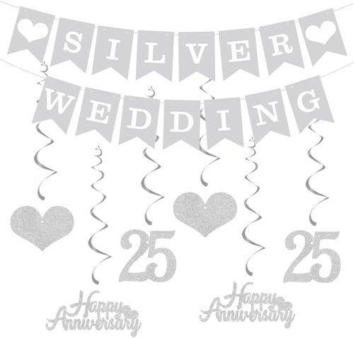 Elicola Wimpelkette zum 25. Hochzeitstag, Silberhochzeit, zum Aufhängen, Wirbel, Happy 25th Anniversary Wimpelkette, Hintergrund für Party-Dekorationen