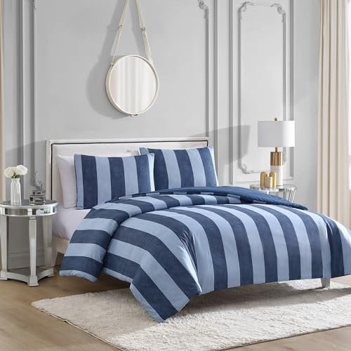 Juicy Couture Denim-Streifen-Bettwäsche-Set für Doppelbett, XL, 2-teilig, maschinenwaschbar, wendbar, Blau