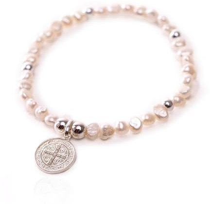 Kokomorocco - Pulsera Mujer con Medalla San Benito - Perlas Agua Dulce y Plata de Ley - Fabricada en España - Ajustable 16-18 cm