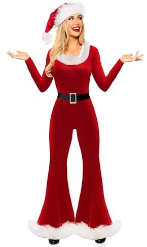 Frauen Weihnachten Mrs Santa Claus Kostüm Langarm Ausgestellter Overall und Hut Set für Cosplay Rollenspiel Party Outfits (A-Rot, M)