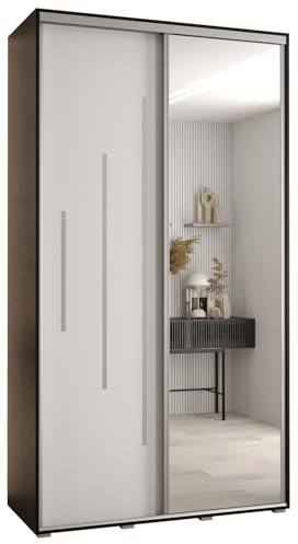 MEBLE KRYSPOL Davos 13 140 Schrank mit Zwei Schiebetüren für Schlafzimmer - Moderner Kleiderschrank mit Spiegel, Kleiderstange und Regalen - 235,2x140x60 cm - Schwarz Weiß Silber