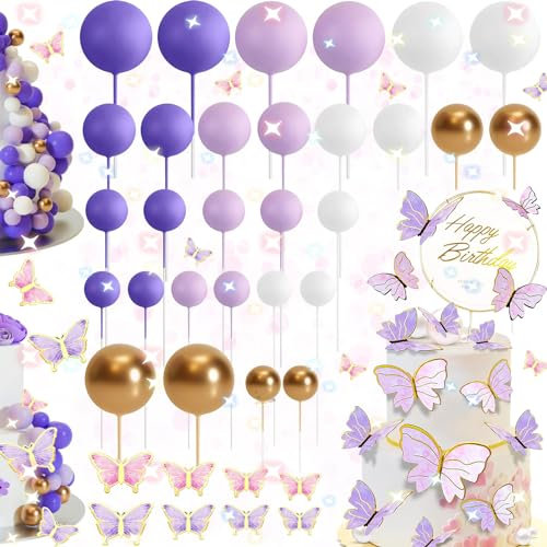 Benaton 54 Stück Tortendeko Kugeln Cake Topper, Schmetterlinge kuchen deko, DIY Tortendeko Geburtstag, Happy Birthday Tortendeko Kugeln, Geburtstags-Schmetterlings-Kuchendekoration, Baby Geburtstag