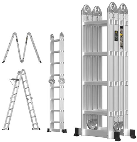 15.4ft Multi-purpose Telescopic Ladder A-frame or Straight 14-in-1 Portable Aluminum Folding Ladder with Dual Stabilizers and Tool Tray, Folded Height 4ft Easy to Store, 330lbs Load Capacity
