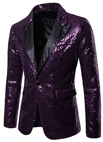 Niceyoeuk Giacca da uomo slim fit con paillettes da smoking glitterata a maniche lunghe giacca da smoking cappotto blazer vestito costume di carnevale per feste di nozze, Viola, XL
