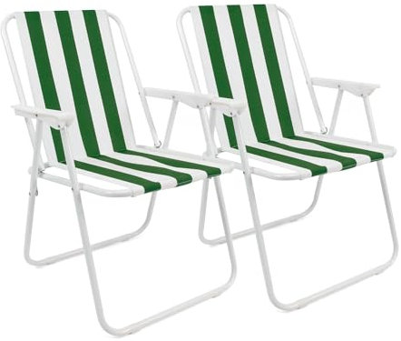 THE SECRET HOME - Pack de 2 Sillas de Playa Plegables - Silla en Metal y Poliéster - Asiento Ideal para Playa, Jardín, Terraza (Modelo 1 - Verde/Blanco)