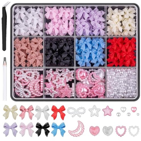 500 Pcs 3D Nägel Charm Schleifen Charms Nägel Nail Art Charms Schleife Nagel Charms Nägel Nail Art Schleifen Nageldekorationen mit Aufnahmewerkzeug für Frauen und Mädchen Nagel-DIY-Zubehör