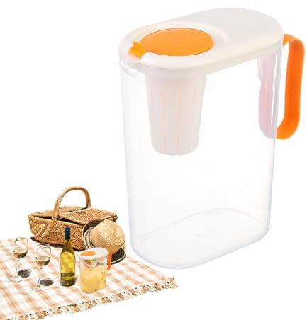 Saftkanne - 2 L Wasserkrug Mit Deckel, Eisteekrug, Wasserkaraffe, Glaskrug, Wasserkrug Mit Griff | Für Kalte Getränke Wie Saft, Eistee, Wasserkaraffe Aus Kunststoff, Optimaler Kühlschrankkrug