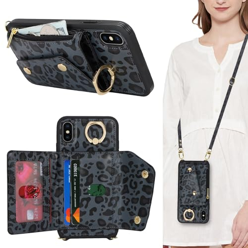 Lipvina Coque pour iPhone X/XS avec Cordon Porte Carte Coque iPhone X/XS zippé Portefeuille Femme Telephone Portable Réglable Collier Housse Étui avec Anneau pour Femmes - Léopard Noir