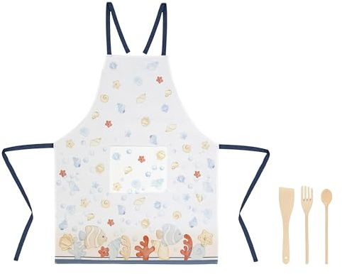 THUN, Set Grembiule in 100% Cotone e 3 Mestoli in Legno di Faggio Linea Mare da Amare, Grembiule 80 x 65 cm, Mestoli 30 cm