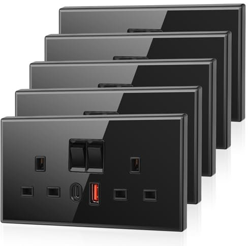 5 Pack CNBINGO USB Type C Glass Double Socket, 20W Max Fast Charging, Double Switched Socket with 20W PD USB C and A, 2 Gang Electric Power Socket, Black Wall Outlet with Tempered Glass Panel