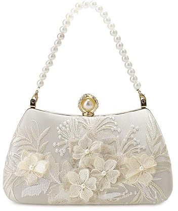 Women's Pearl Floral Lace Satin Evening Handbag Ladies Elegant Top Handle Clutch Bag with Detachable Chain Wedding Bridal Parties Prom(White)