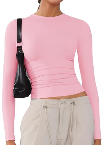 Women's Soft Long Sleeve Shirts Crew Neck Tops Basic Tees Stretchy Going Out Crop Tops Y2K Slim Fit T-Shirts Pink S