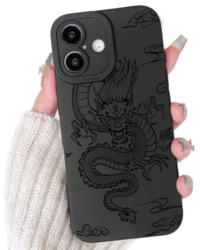 NITITOP Compatible for iPhone 16 Case Cute Cool Dragon Black Design for Women Girls Soft TPU Shockproof Protective Girly for iPhone 16 - Dragon