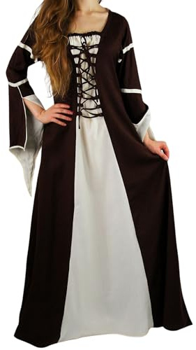 Leonardo Carbone® Damen Kleid Larissa | Trompetenärmel Design | Schnürung Brustbereich | Karneval, Halloween, Cosplay, LARP, Mittelalter, Gewand, Kostüm | 100% Viskose Braun/Natur M