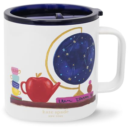 kate spade new york Stainless Steel Insulated Mug with Handle and Lid, 16 Ounce Double Wall Tumbler, Reusable Coffee Travel Mug for Hot and Cold Drinks (Charmed Library)