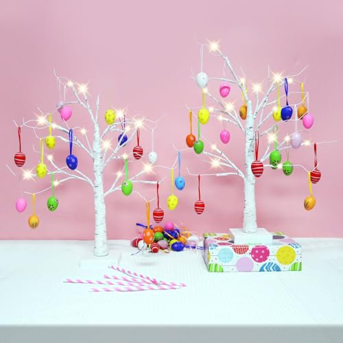 2Pack Osterdekorationen mit bunten Ostereiern Dekorationen 36PCS mit Lichtern Weiß Tischplatte Ostern Zweig Baum Osterdekorationen