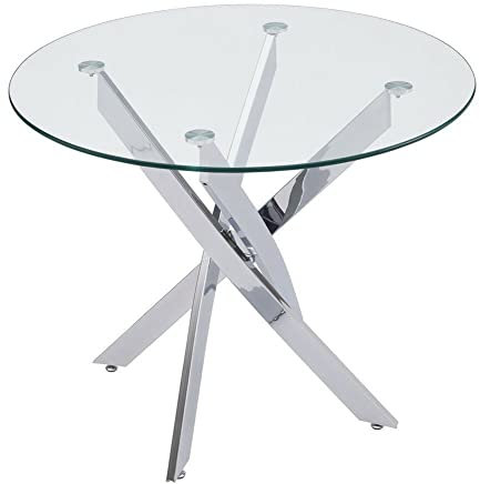 Table de salle à manger ronde en verre de style moderne de 90 cm avec pieds croisés en métal pour salle à manger et salon