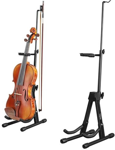 Augioth Schwarzer Geigenständer mit Bogenhalter – Höhenverstellbar, rutschfeste Basis & schützende Kopf-Sperre. Faltbarer & tragbarer Instrumentenständer für Geige, Bratsche, Mandoline und Ukulele.