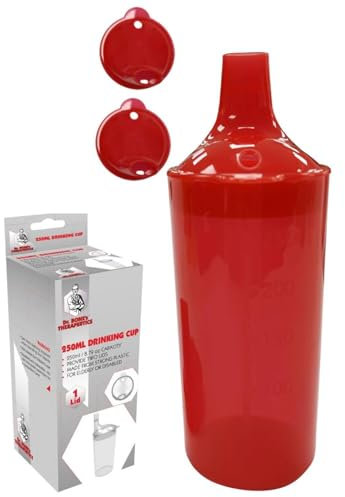 Plastic Feeding Cup with 2 Lids Adult Feeder Beaker with Large & Small Spouts, Straw Holes – Ideal for Liquids & Blended Foods – Easy to Hold, Spill-Resistant, Perfect for Home & Hospital Use (Red)