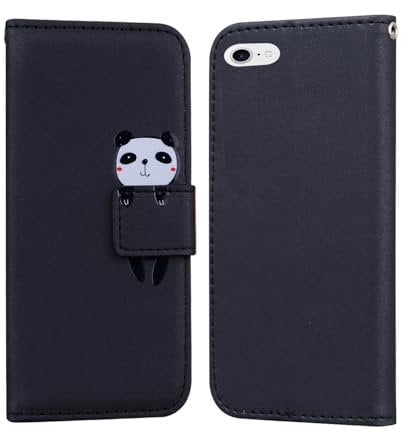 Nokverzy Leather Case for iphone SE 2016/5S/5(4.0) Phone Case Leather Panda Shockproof Wallet Case Cover for iphone SE 2016/5S/5(4.0) Magnetic Case with Card Holder Stand Function Strap Black