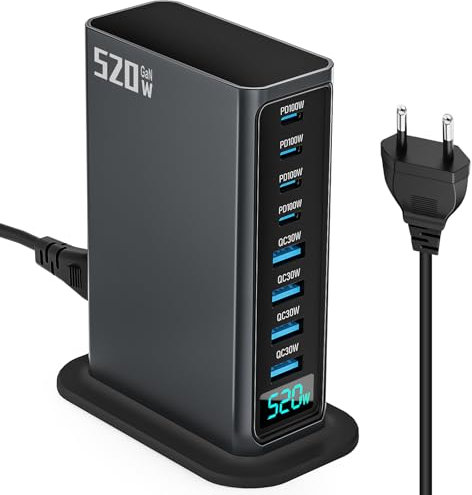 520W Chargeur USB-C, 8 Ports Station de Charge Rapide avec GaN III Tech, 4 Ports USB-C 100W+4 Ports USB-A QC3.0 30W, Affichage Numérique, Compatible avec MacBook, iPhone, iPad, Steam Deck