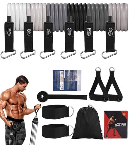 Gomas Elasticas Musculacion, 6 Niveles de Resistencia,10-90 LBS, Set de Bandas de Resistencia con Anclaje para Puerta, Asas, Correa para Tobillo, Ideal para Fitness, Gimnasio en casa, Pilates