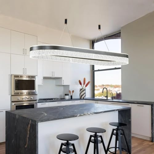 AroimRex Kronleuchter LED Moderne Esstischbeleuchtung Pendelleuchte Höhenverstellbare Silberne Acryl-Hängelampe Dimmbare Deckenleuchte Geeignet für Esszimmer Wohnzimmer Kücheninselbeleuchtung