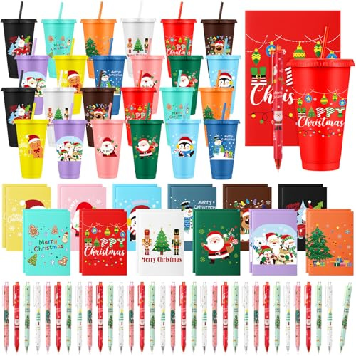 Feifeiya Weihnachtsbecher mit Deckel und Trinkhalmen, wiederverwendbare Kunststoffbecher, Geschenk für Weihnachten, Urlaub, Partyzubehör, 72 Stück/24 Stück