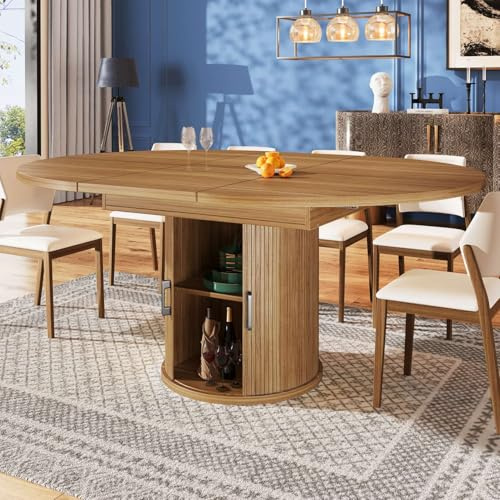 EURHCIO Table Ronde Salle à Manger Extensible 118/158x118x76.8cm,Moderne Table de Cuisine Extensible en Ovale avec Espace de Rangement,pour 6 Personnes (Marron)